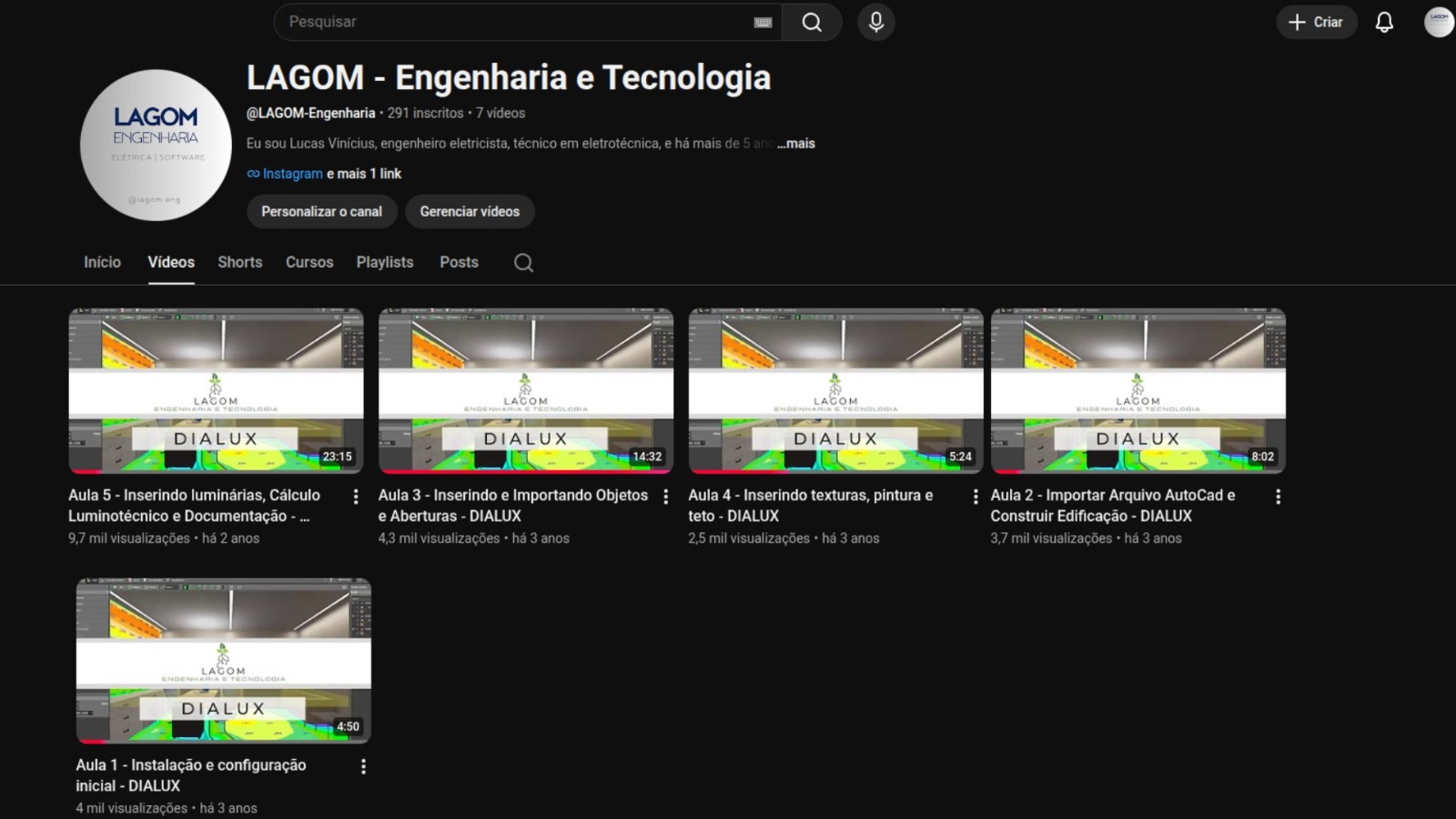Página do canal LAGOM Engenharia no YouTube com as aulas do curso DIALUX
